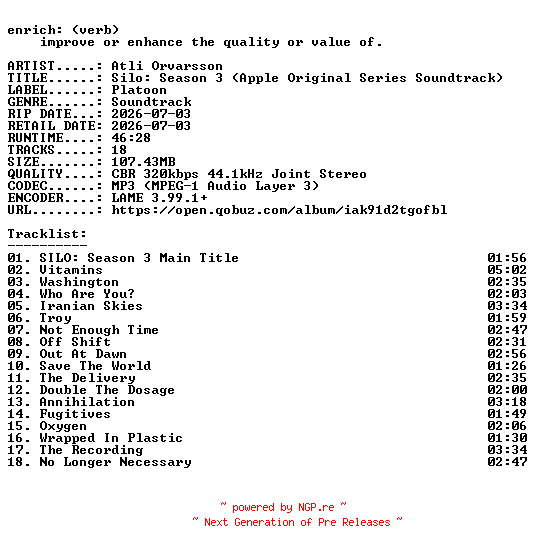 NFO for the release Atli_Orvarsson-Silo_Season_3_(Apple_Original_Series_Soundtrack)-OST-WEB-2026-ENRiCH by ENRiCH