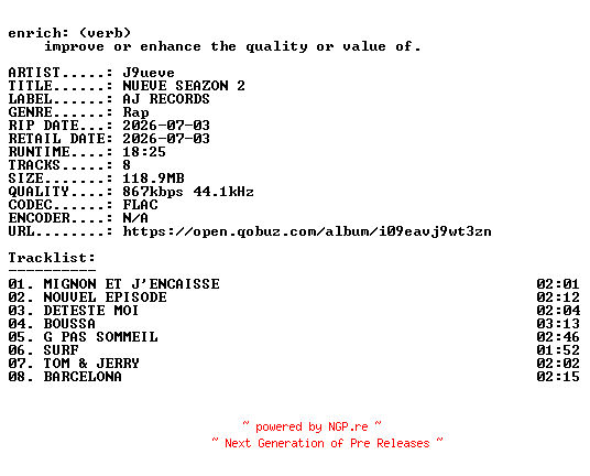 NFO for the release J9ueve-NUEVE_SEAZON_2-FR-EP-16BIT-WEB-FLAC-2026-ENRiCH by ENRiCH