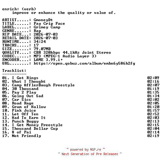 NFO for the release GmoneyDt-Pay_Crip_Face-WEB-2026-ENRiCH by ENRiCH