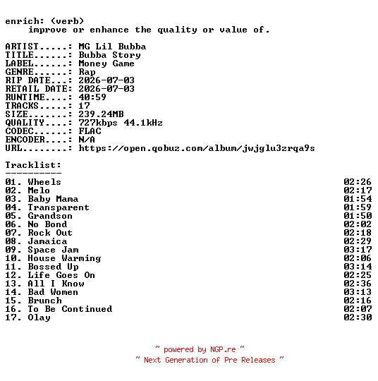 NFO for the release MG_Lil_Bubba-Bubba_Story-16BIT-WEB-FLAC-2026-ENRiCH by ENRiCH
