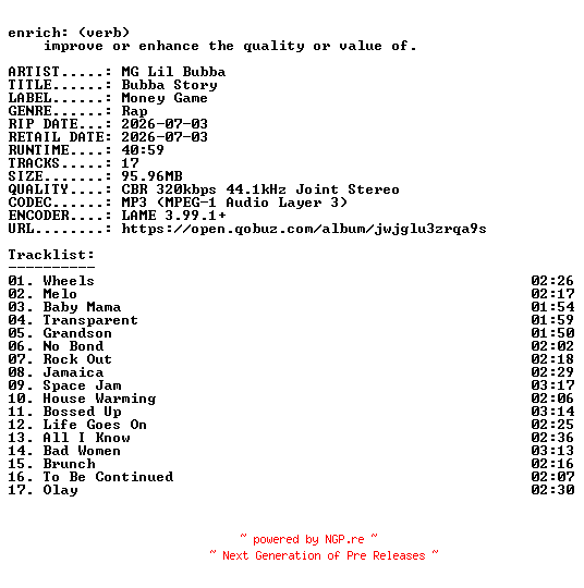 NFO for the release MG_Lil_Bubba-Bubba_Story-WEB-2026-ENRiCH by ENRiCH