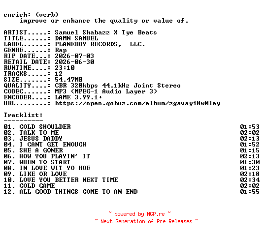NFO for the release Samuel_Shabazz_X_Tye_Beats-DAMN_SAMUEL-WEB-2026-ENRiCH by ENRiCH