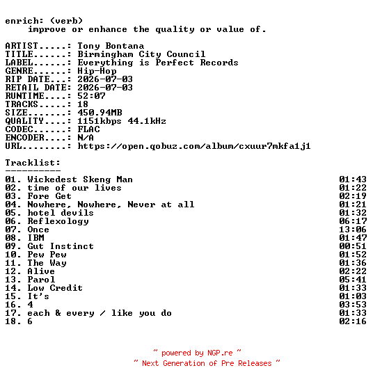 NFO for the release Tony_Bontana-Birmingham_City_Council-24BIT-WEB-FLAC-2026-ENRiCH by ENRiCH