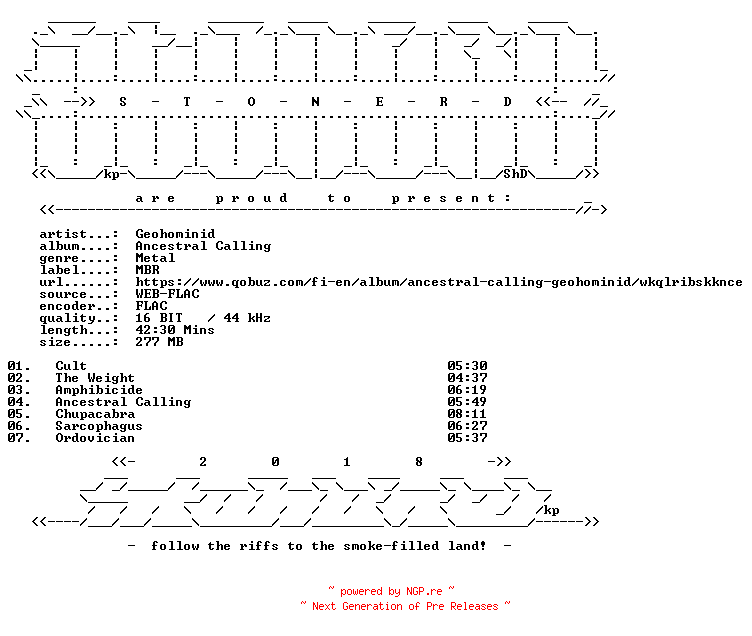 NFO for the release Geohominid-Ancestral_Calling-16BIT-WEB-FLAC-2026-STONERD by STONERD