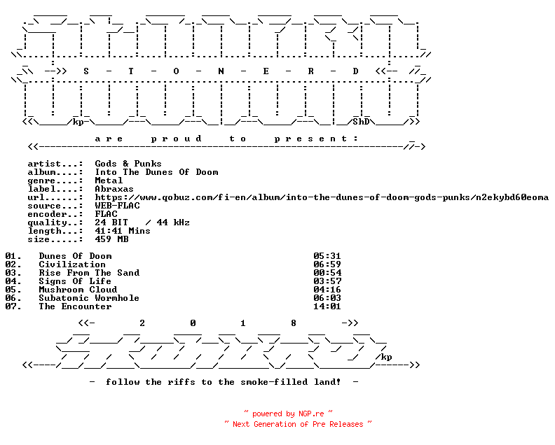 NFO for the release Gods_and_Punks-Into_The_Dunes_Of_Doom-24BIT-WEB-FLAC-2017-STONERD by STONERD