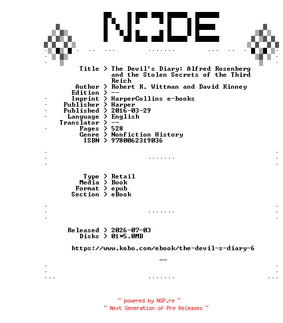 NFO for the release Robert.K.Wittman.and.David.Kinney.The.Devils.Diary.Alfred.Rosenberg.and.the.Stolen.Secrets.of.the.Third.Reich.2016.RETAiL.EPUB.eBook-NODE by NODE