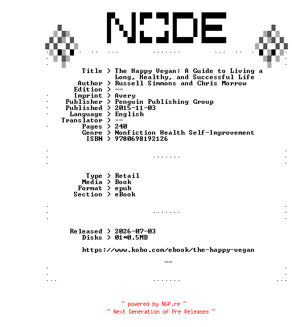 NFO for the release Russell.Simmons.and.Chris.Morrow.The.Happy.Vegan.A.Guide.to.Living.a.Long.Healthy.and.Successful.Life.2015.RETAiL.EPUB.eBook-NODE by NODE