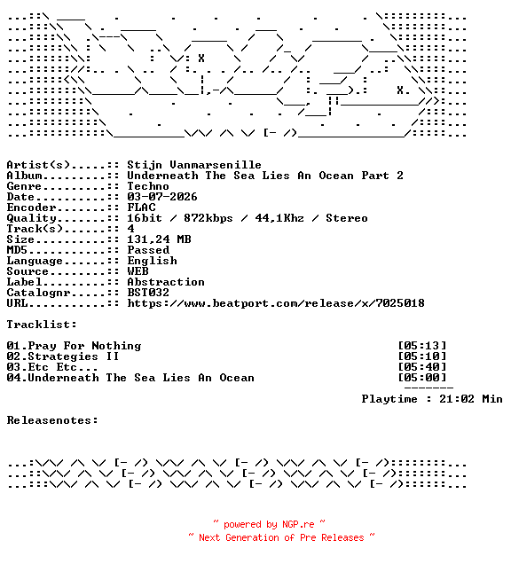 NFO for the release Stijn_Vanmarsenille-Underneath_The_Sea_Lies_An_Ocean_Part_2-BST032-16BIT-WEB-FLAC-2026-WAVED by WAVED