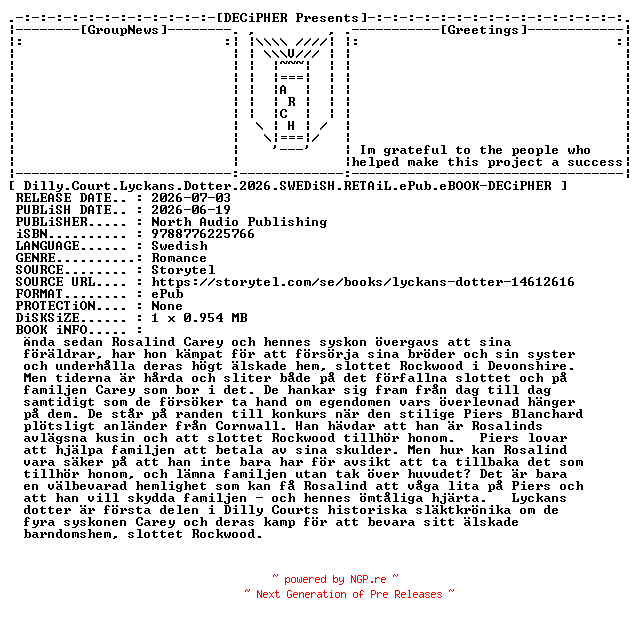 NFO for the release Dilly.Court.Lyckans.Dotter.2026.SWEDiSH.RETAiL.ePub.eBOOK-DECiPHER by DECiPHER