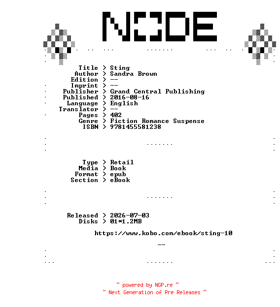 NFO for the release Sandra.Brown.Sting.2016.RETAiL.EPUB.eBook-NODE by NODE