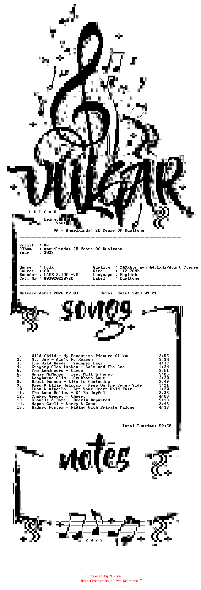 NFO for the release VA-Amerikinda_20_Years_Of_Dualtone-(803020220720)-CD-2023-VULGAR by VULGAR