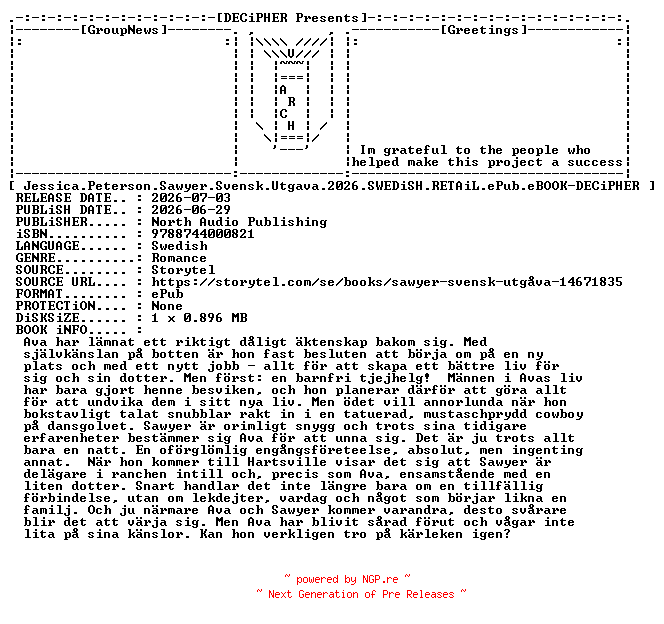 NFO for the release Jessica.Peterson.Sawyer.Svensk.Utgava.2026.SWEDiSH.RETAiL.ePub.eBOOK-DECiPHER by DECiPHER