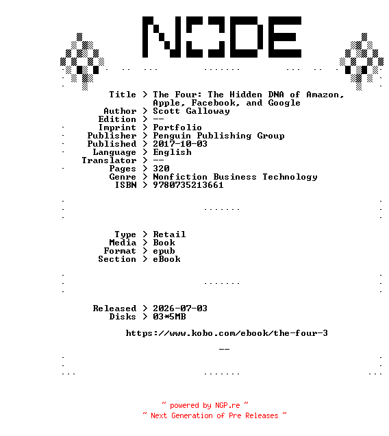 NFO for the release Scott.Galloway.The.Four.The.Hidden.DNA.of.Amazon.Apple.Facebook.and.Google.2017.RETAiL.EPUB.eBook-NODE by NODE
