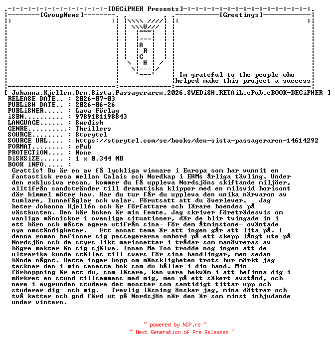 NFO for the release Johanna.Kjellen.Den.Sista.Passageraren.2026.SWEDiSH.RETAiL.ePub.eBOOK-DECiPHER by DECiPHER