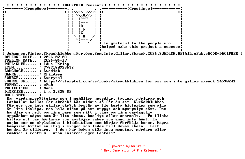 NFO for the release Johannes.Pinter.Skrackklubben.For.Oss.Som.Inte.Gillar.Skrack.2026.SWEDiSH.RETAiL.ePub.eBOOK-DECiPHER by DECiPHER