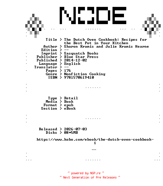 NFO for the release Sharon.Kramis.and.Julie.Kramis.Hearne.The.Dutch.Oven.Cookbook.Recipes.for.the.Best.Pot.in.Your.Kitchen.2014.RETAiL.EPUB.eBook-NODE by NODE