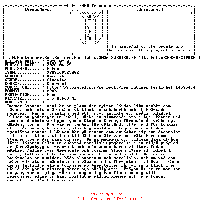 NFO for the release L.M.Montgomery.Ben.Butlers.Hemlighet.2026.SWEDiSH.RETAiL.ePub.eBOOK-DECiPHER by DECiPHER