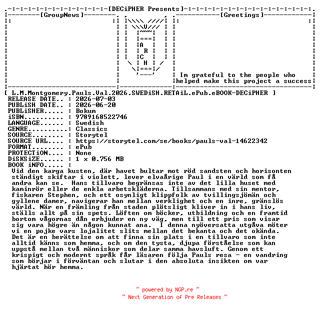 NFO for the release L.M.Montgomery.Pauls.Val.2026.SWEDiSH.RETAiL.ePub.eBOOK-DECiPHER by DECiPHER