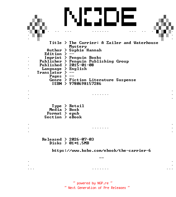 NFO for the release Sophie.Hannah.The.Carrier.A.Zailer.and.Waterhouse.Mystery.2015.RETAiL.EPUB.eBook-NODE by NODE