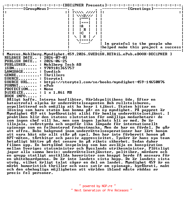NFO for the release Marcus.Nohlberg.Myndighet.459.2026.SWEDiSH.RETAiL.ePub.eBOOK-DECiPHER by DECiPHER