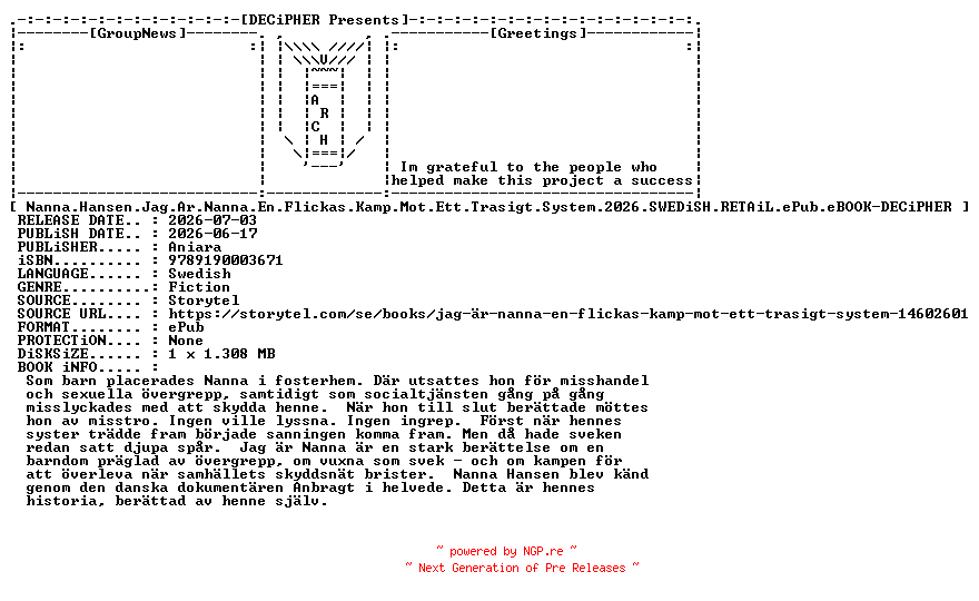 NFO for the release Nanna.Hansen.Jag.Ar.Nanna.En.Flickas.Kamp.Mot.Ett.Trasigt.System.2026.SWEDiSH.RETAiL.ePub.eBOOK-DECiPHER by DECiPHER