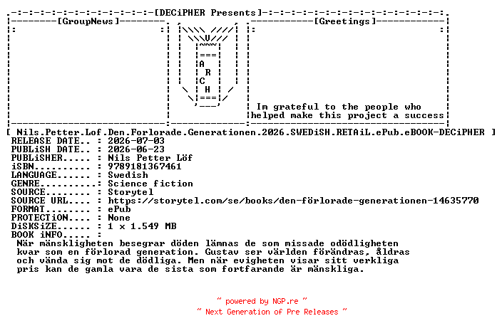 NFO for the release Nils.Petter.Lof.Den.Forlorade.Generationen.2026.SWEDiSH.RETAiL.ePub.eBOOK-DECiPHER by DECiPHER