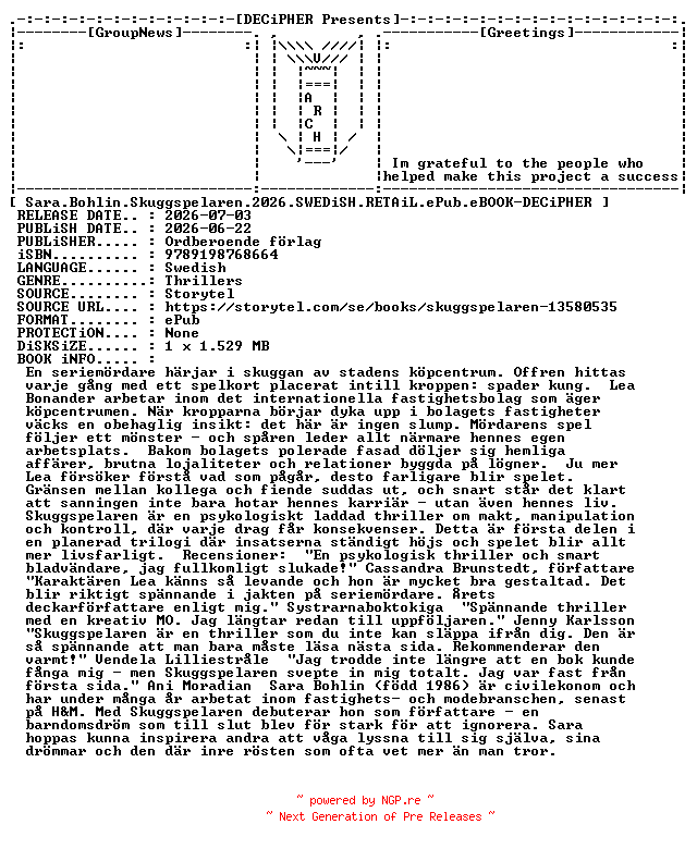 NFO for the release Sara.Bohlin.Skuggspelaren.2026.SWEDiSH.RETAiL.ePub.eBOOK-DECiPHER by DECiPHER