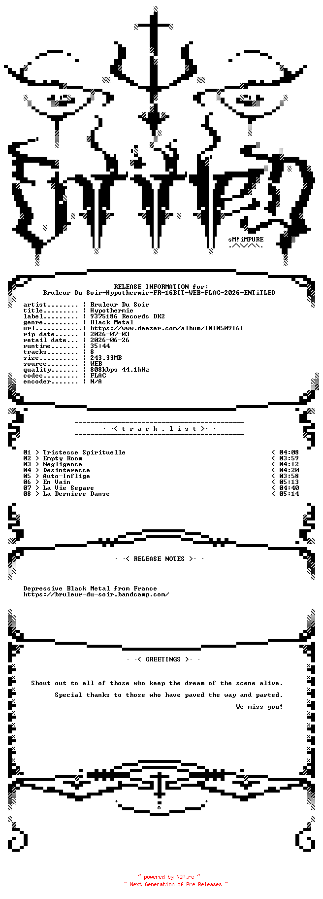 NFO for the release Bruleur_Du_Soir-Hypothermie-FR-16BIT-WEB-FLAC-2026-ENTiTLED by ENTiTLED
