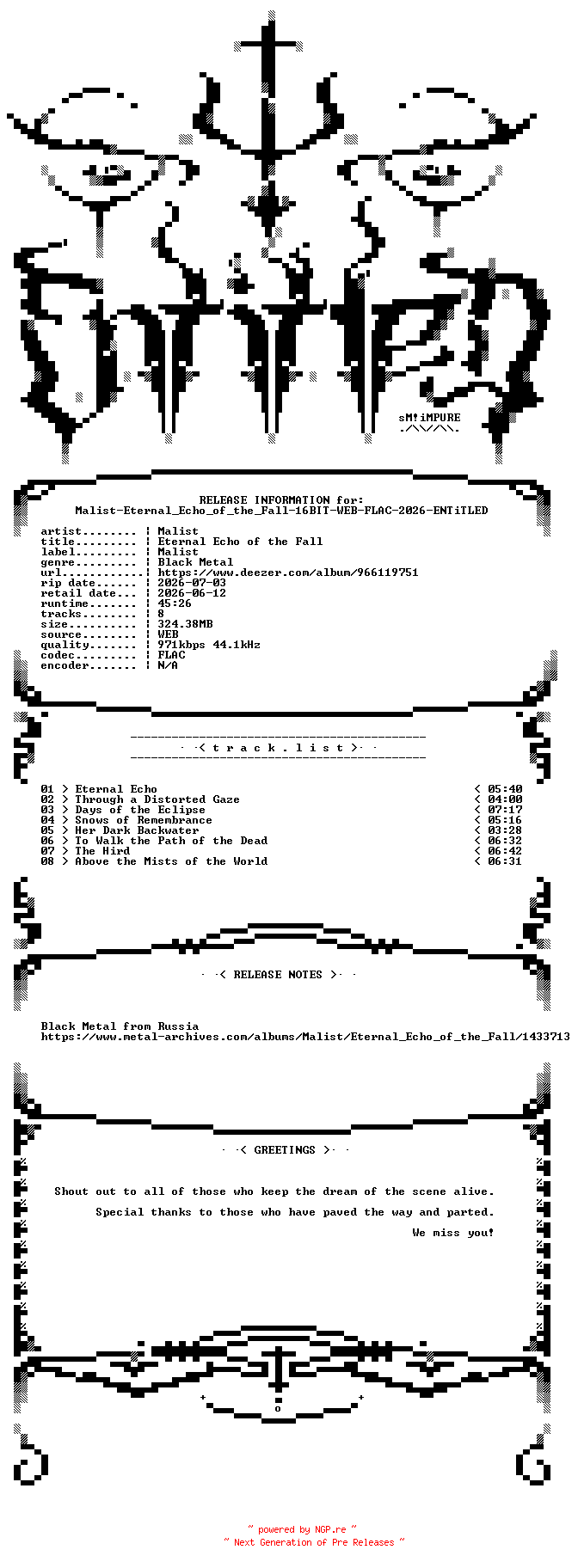 NFO for the release Malist-Eternal_Echo_of_the_Fall-16BIT-WEB-FLAC-2026-ENTiTLED by ENTiTLED