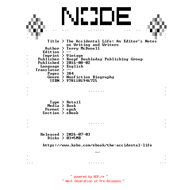 NFO for the release Terry.McDonell.The.Accidental.Life.An.Editors.Notes.on.Writing.and.Writers.2016.RETAiL.EPUB.eBook-NODE by NODE