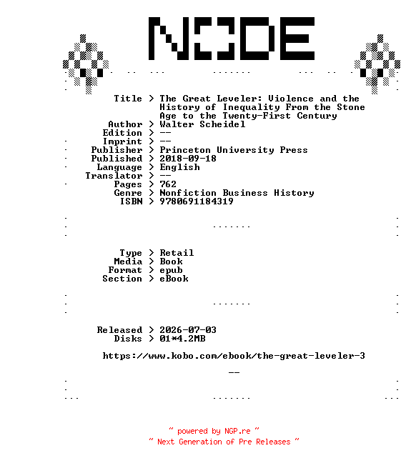 NFO for the release Walter.Scheidel.The.Great.Leveler.Violence.and.the.History.of.Inequality.From.the.Stone.Age.to.the.Twenty-First.Century.2018.RETAiL.EPUB.eBook-NODE by NODE