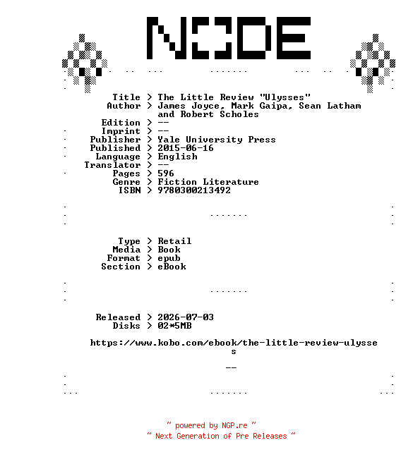 NFO for the release Yale.University.Press.The.Little.Review.Ulysses.2015.RETAiL.EPUB.eBook-NODE by NODE
