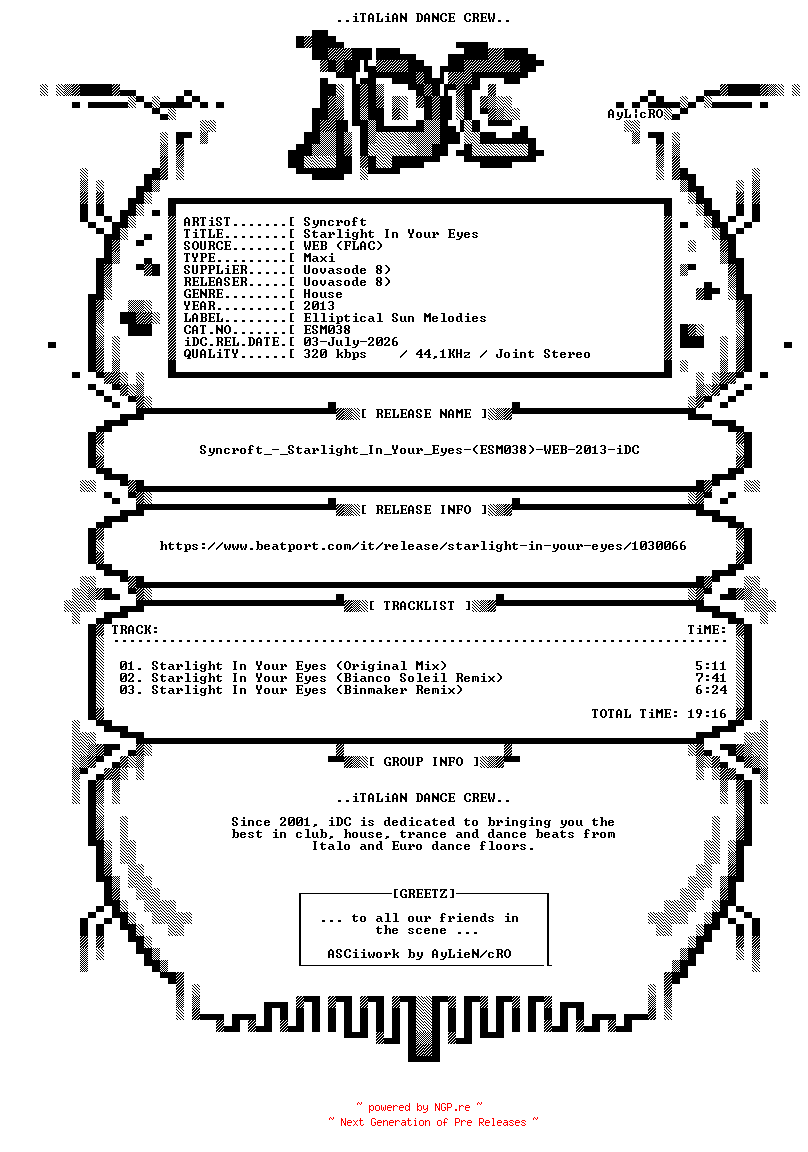 NFO for the release Syncroft_-_Starlight_In_Your_Eyes-(ESM038)-WEB-2013-iDC by iDC