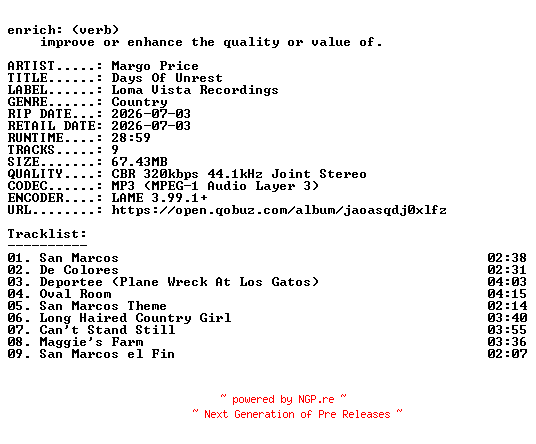 NFO for the release Margo_Price-Days_Of_Unrest-WEB-2026-ENRiCH by ENRiCH