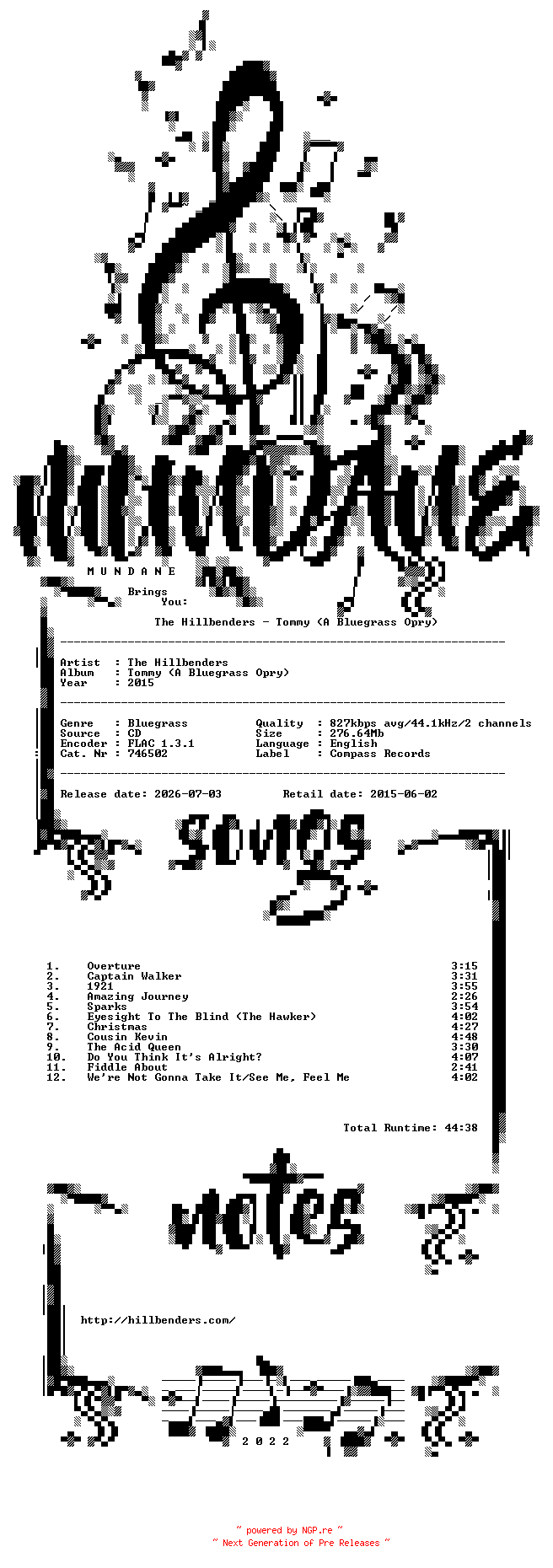 NFO for the release The_Hillbenders-Tommy_(A_Bluegrass_Opry)-(746502)-CD-FLAC-2015-MUNDANE by MUNDANE