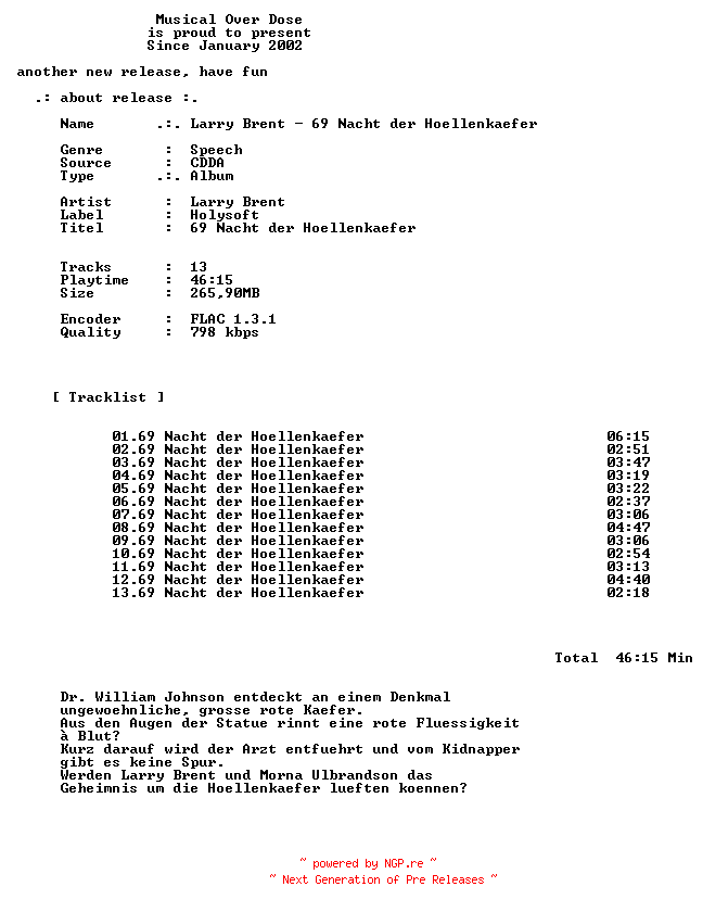 NFO for the release Larry_Brent-69_Nacht_Der_Hoellenkaefer-DE-Audiobook-CD-FLAC-2026-MOD by MOD