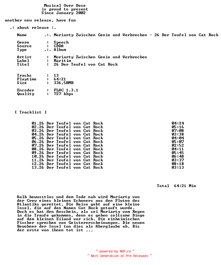 NFO for the release Moriarty_Zwischen_Genie_Und_Verbrechen-26_Der_Teufel_Von_Cat_Rock-DE-Audiobook-CD-FLAC-2026-MOD by MOD