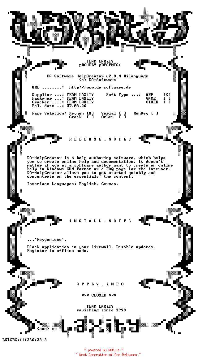 NFO for the release DA-Software.HelpCreator.v2.8.4.Bilanguage.incl.Keygen-LAXiTY by LAXiTY