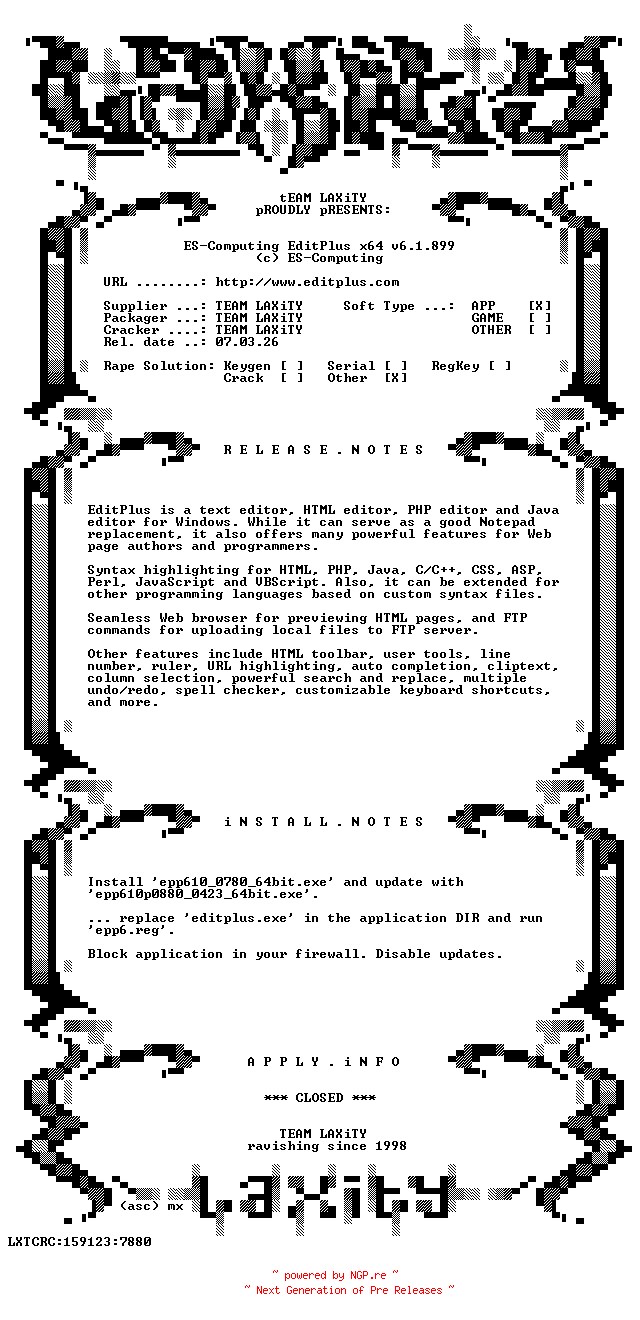 NFO for the release ES-Computing.EditPlus.x64.v6.1.899-LAXiTY by LAXiTY