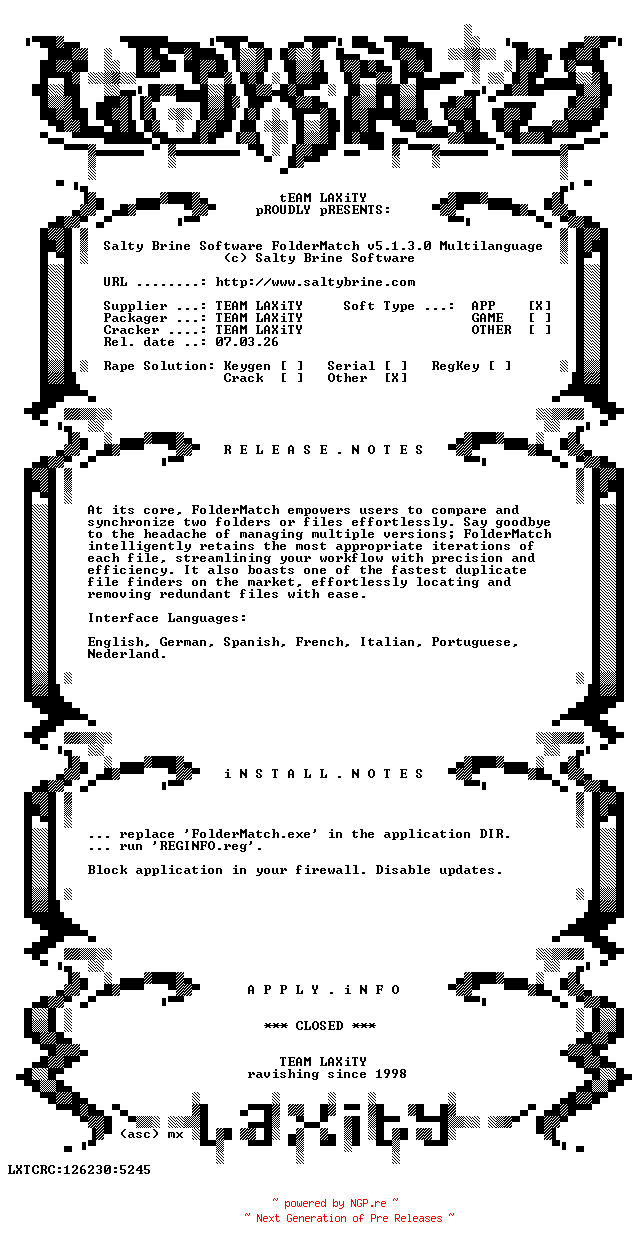 NFO for the release Salty.Brine.Software.FolderMatch.v5.1.3.0.Multilanguage-LAXiTY by LAXiTY