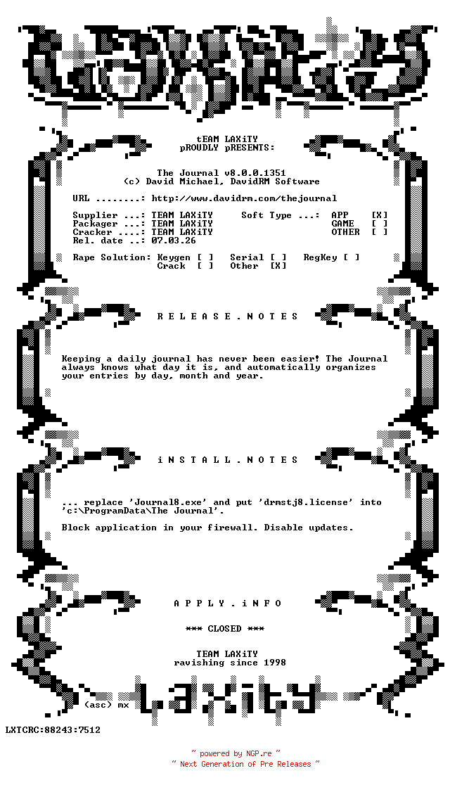 NFO for the release The.Journal.v8.0.0.1351-LAXiTY by LAXiTY