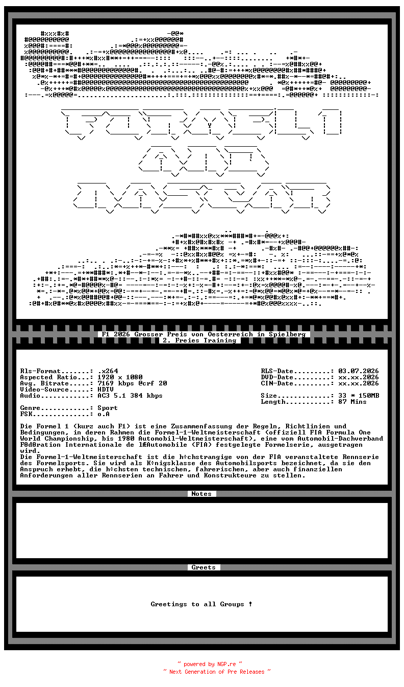 NFO for the release F1.2026.Grosser.Preis.von.Oesterreich.2.Freies.Training.in.Spielberg.German.1080p.HDTV.x264-F1ANA by F1ANA