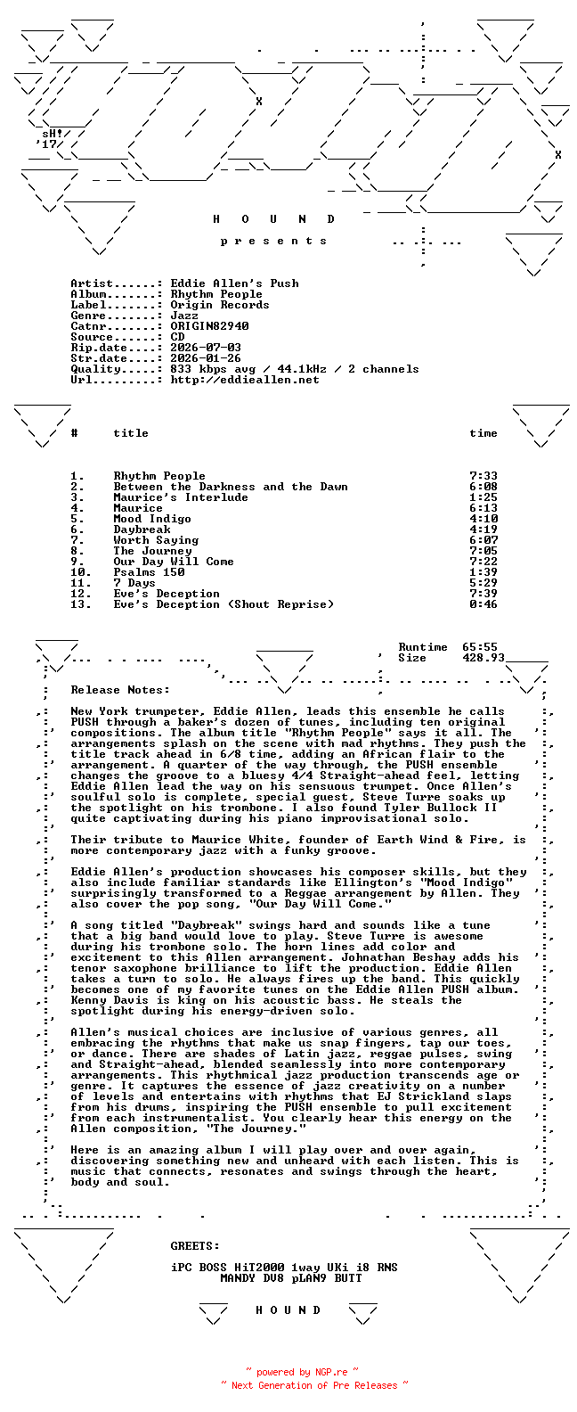 NFO for the release Eddie_Allens_Push-Rhythm_People-(ORIGIN82940)-CD-FLAC-2026-HOUND by HOUND
