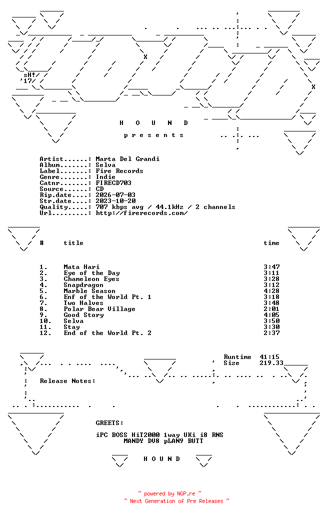 NFO for the release Marta_Del_Grandi-Selva-(FIRECD703)-PROMO-CD-FLAC-2023-HOUND by HOUND