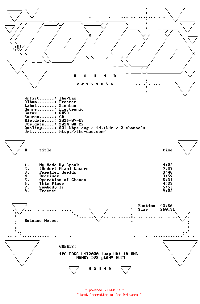 NFO for the release The_Das-Freezer-(SR53)-CD-FLAC-2014-HOUND by HOUND