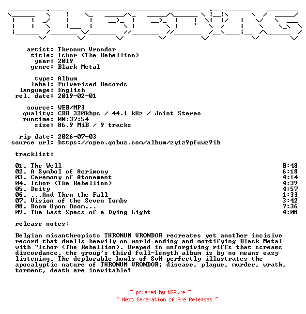 NFO for the release Thronum_Vrondor-Ichor_(The_Rebellion)-WEB-2019-BLEEDiNG by BLEEDiNG