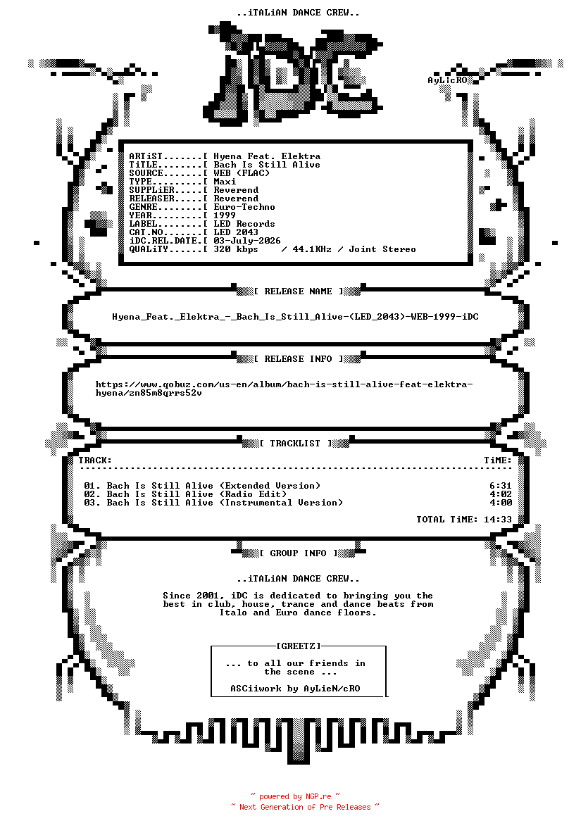 NFO for the release Hyena_Feat._Elektra_-_Bach_Is_Still_Alive-(LED_2043)-WEB-1999-iDC by iDC