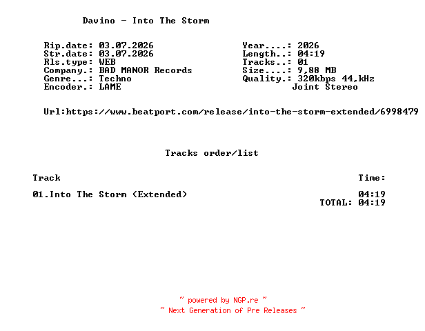 NFO for the release Davino_-_Into_The_Storm-(BDMNR-B-DITS-2519)-SINGLE-WEB-2026-FMC by FMC