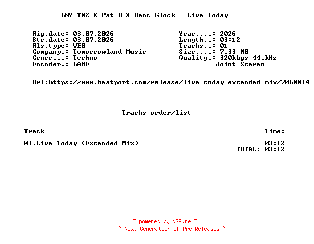 NFO for the release LNY_TNZ_X_Pat_B_X_Hans_Glock_-_Live_Today-(TML319)-SINGLE-WEB-2026-FMC by FMC