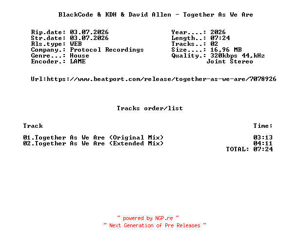NFO for the release Blackcode_And_KDH_And_David_Allen_-_Together_As_We_Are-(PR508)-WEB-2026-FMC by FMC